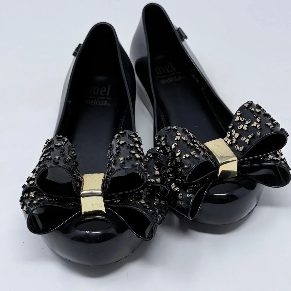 Mel by Melissa Kids Black Jelly Ballet Flats Bow Leopard Print Size 12 USA